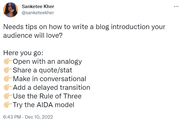 Sanketee Kher's tweet on How to Write a Blog Introduction