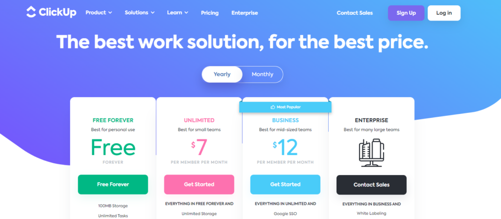 Clickup saas pricing page